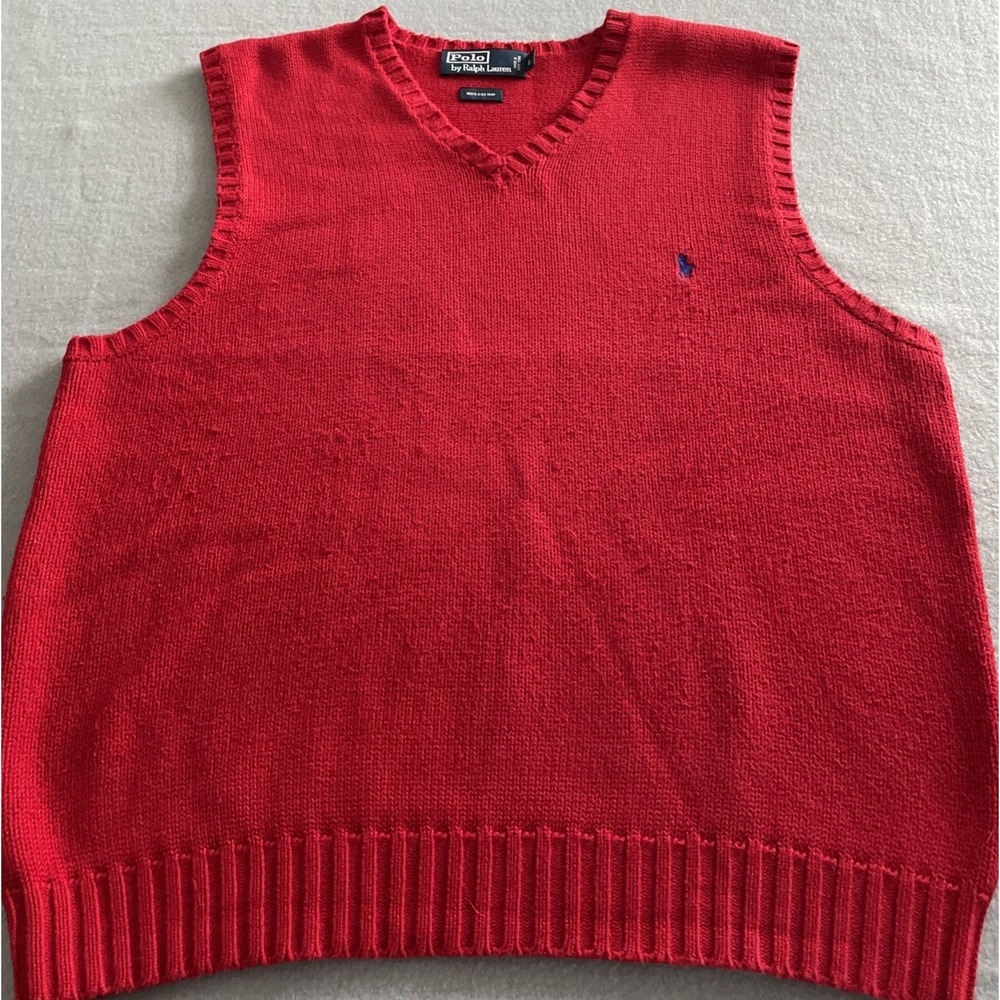 Polo Ralph Lauren Red Knit V-neck Pullover Sweater Vest Pony Logo‎ Size Large